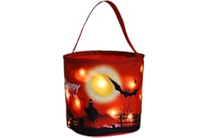 BYROTSON Halloween Candy Bags with LED Lights Trick or Treat Basket, Light up Halloween Party Bags Multipurpose Reusable Goody Bucket for Kids,Red