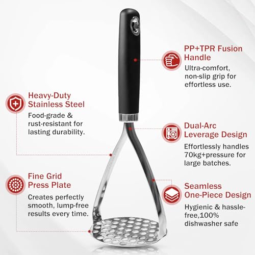 Potato Mashers, Potato Masher Food Grade Stainless Steel, Heavy Duty Potato Ricer Masher with Soft Grip Handle, Kitchen Food Masher for Mashed Potato, Tomato Puree, Jam, Vegetable & Fruits