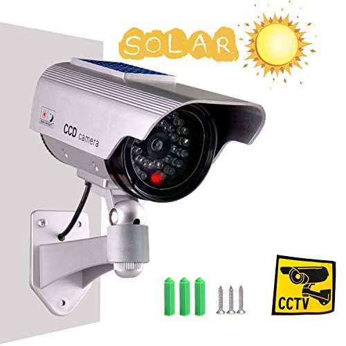 Iseeusee Solar Powered Dummy Surveillance Bullet Fake Camera with Flashing Led-Grey Battery Recharged by Sun, Home or Business, Silver