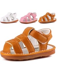 CINDEAR Squeaky Pu Leather Closed-Toe Sandals for Infant Boy Girl Rubber Sole Anti-Slip Slippers Shoes Yellow 1302-YL15(Inner Length 11.5cm/4.5in)