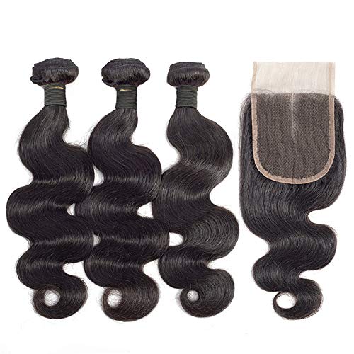 TOOCCI Body Wave Hair Bundles With Closure Virgin Brazilian Human Hair Weave Weft with 4x4 Lace Closure Natural Black Color（14 14 14+10Inch）