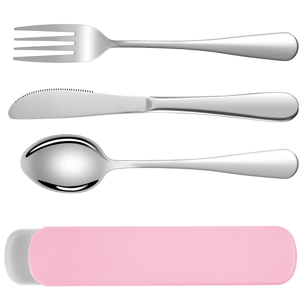 HOTUT Travel Cutlery Set, 3 PCS Cutlery Set with Portable Pouch Case, Reusable, Stainless Steel Flatware, Portable Utensils for Outdoor Travel Picnic Office School Lunch Box - Pink