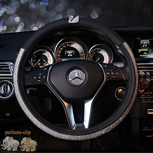 Alvaza Crystal Car Steering Wheel Cover Bling Bling Rhinestones Car Diamond with Genuine Leather and Swan Decro Not Slip Breathable Steering Covers with 1 Piece Perfume Clip