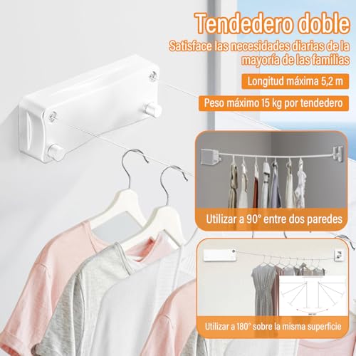 KIROGILY Tendedero Retractil Pared con 4 Pinzas para Ropa, Tendedero para Ropa Exterior Interiores, Tendederos Retractiles Ajustable 5.2 M, Capacidad de 25 KG, Ahorra Espacio, Fácil Instalación