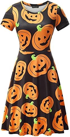 FENSACE Womens Short Sleeves Casual A-line Halloween Pumpkin Dress