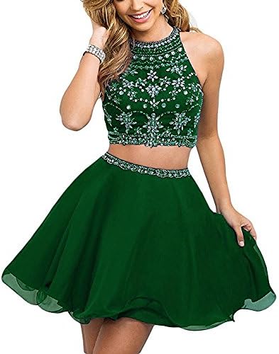 HEAR Women's Two Pieces Chiffon Homecoming Dresses Halter Beaded Rhinestone Short Prom Gown Open Back WWW666