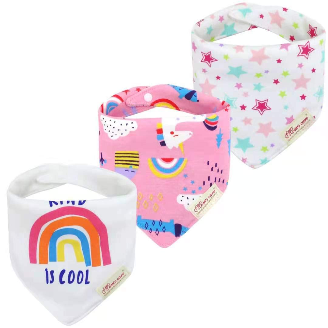 CuteOn Baby Drool Bibs, Unisex 3-Pack Absorbent Cotton, Triangle Bib with Snaps Gift for Boys Girls