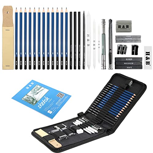 H & B Drawing Pencils Set, 33Piece Sketch Pencils & Drawing Kit