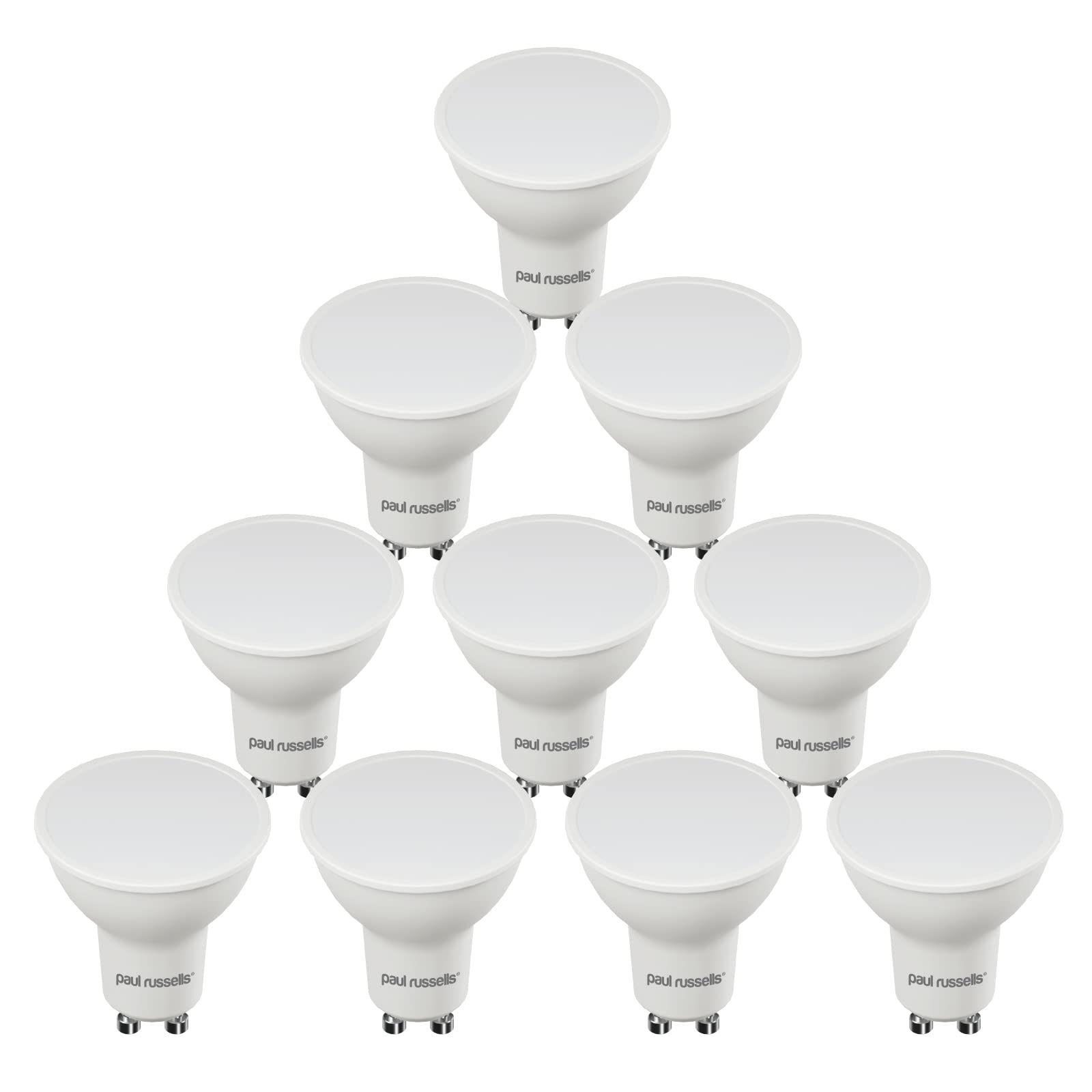 paul russells GU10 LED Bulbs, 7W 600lumens, 50Watt Equivalent, GU10 Spotlight Bulbs Replacement, 100° Wide Beam, Bright Warm White 2700K, No Flickering, Energy Saving Non-Dimmable, Pack of 10