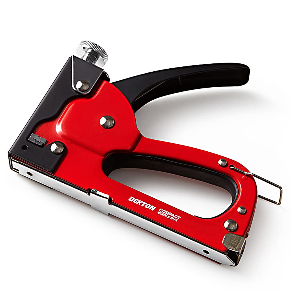 Dekton Compact Staple Gun-Durable Steel Body With Impact Adjuster| Handle Lock For Safety| One Handed Operation| Compatible With Arrow Style Jt21| Fits: 4mm-8mm| Includes Built In Stapler, 100 Staples