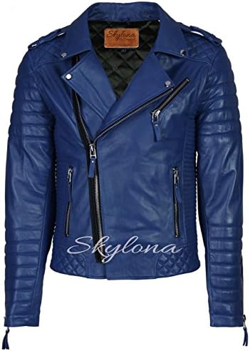 Men's Stylish Lambskin Genuine Leather Motorcycle Biker Jacket 43 XXXL Royal Blue