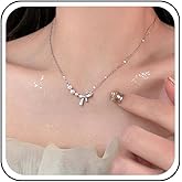 Xduargs Boho Rhinestone Bow Choker Necklace Silver Crystal Pearl Bow Necklace Choker Vintage Cz Bowkont Pendant Necklace Sparkly Cz Bow Tie Necklace Chain Jewelry for Women