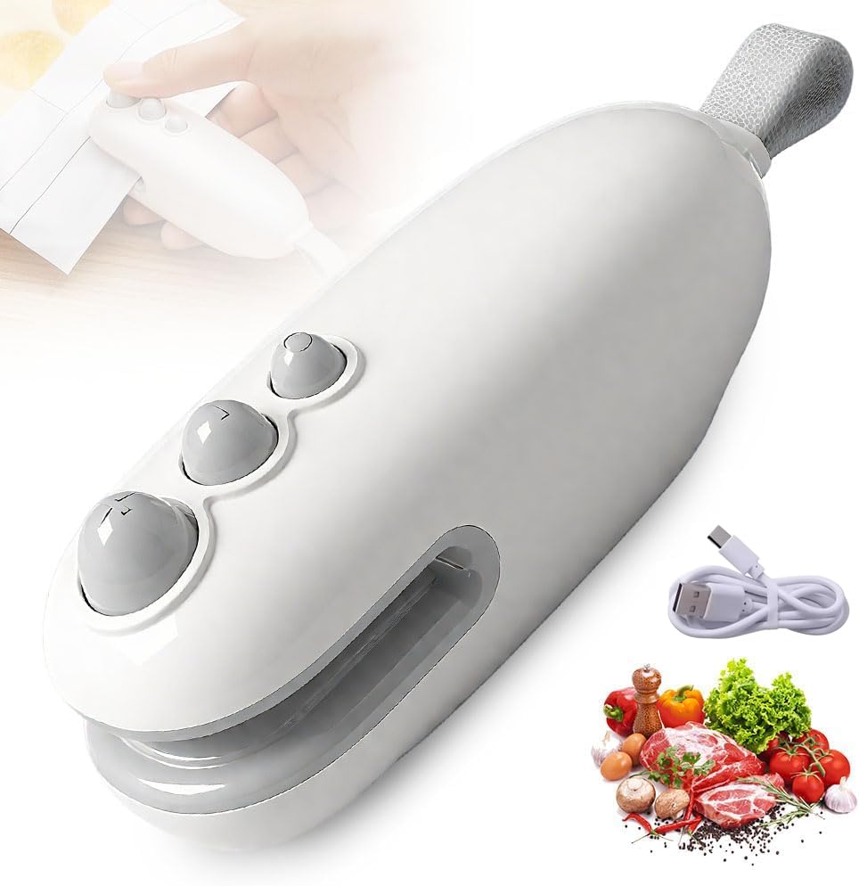 Portable Mini Bag Sealer, 2026 New 3 in 1 Magnetic Food Sealer, Small 3 in 1 Rechargeable Magnetic Snack Sealer Household Mini,Portable Heat Sealer with Cutter USB Rechargeable (White)