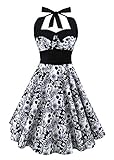 L&ZZ Women's Skull Printed Backless Swing Midi Dress Floral Print Halter Cocktail Dress Plus Size