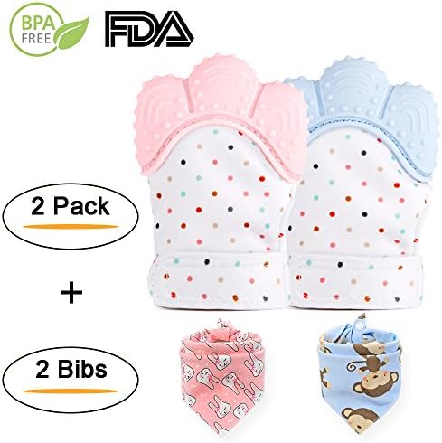 Lifefulfun Baby Teething Mitten Infant Teether Toy Gloves Self-Soothing Pain Relief Mitt Gift for Baby shower for 3-12 Months Baby BPA Free (2 Pack Mittens+ 2 Bibs, Pink and Blue)