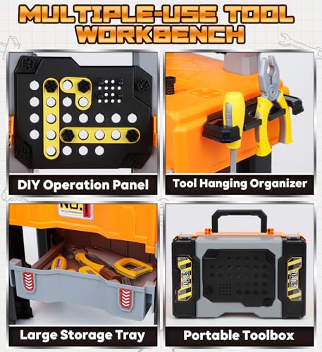 Lehoo Castle Kids Workbench, Tool Kit with Drill and Removable Construction Vehicle, 2in1 Toolbox and Tool Bench, STEM Educational Toys for 2-3 Years Old Kids