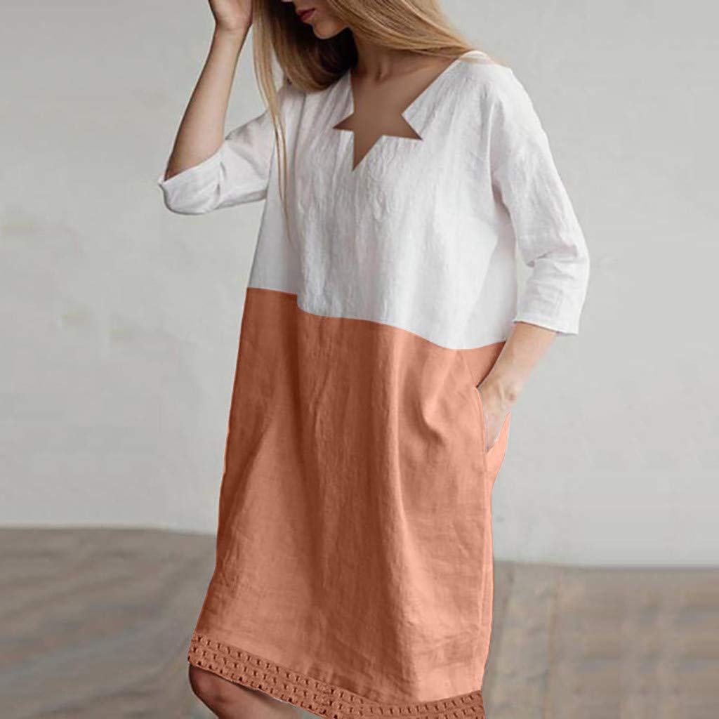 POTO Women Dresses, Loose Color Stitching Casual Dresses with Pockets Cotton Linen Tunic Dress Party Dress Beach Dress