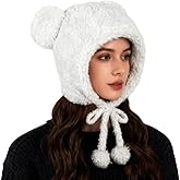 Cute Bear Ears Plush Sherpa Beanie Fuzzy Windproof Earflap Cap Warm Animal Hat with Ear Protection for Women Girls