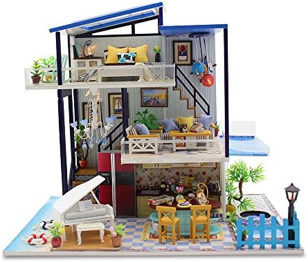 HangboughtEU Wooden DIY Dollhouse Mini Handmade Kit Doll House Miniature LED Light Cabin Fairy Tale Home Decoration House Girls Kids (17#)