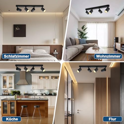 KYOTECH Black Ceiling Light with 4 Bulbs 5W LED Ceiling Light Swivel and Swivel Included GU10 Bulb 3000K 420LM Ceiling Spotlights for Kitchen, Bedroom, Living Room
