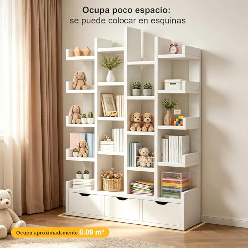 KINTOP Librero Organizador de 5 Niveles, Librero Esquinero con 3 Cajones y 20 Compartimentos, Libreros de Madera Minimalista para Hogar, Oficina y Dormitorio（Blanco 79.3 x 18 x 151 CM）