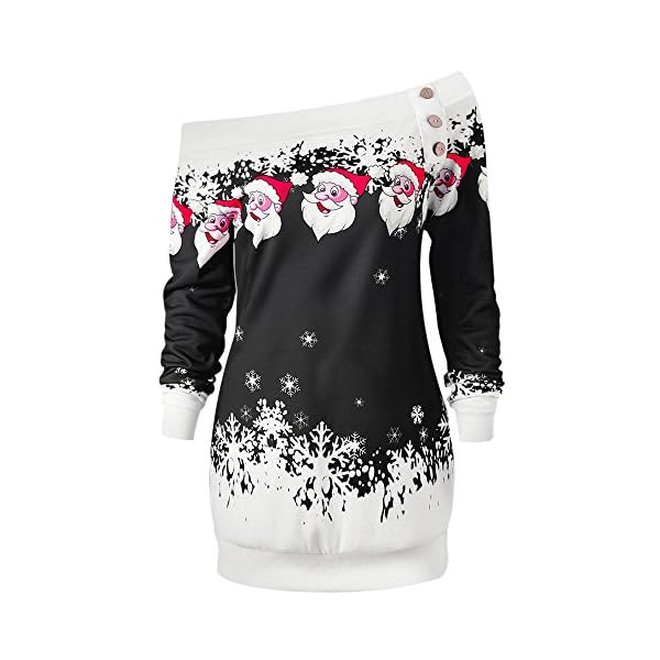 SKM Women's Skew Neck Off The Shoulder Santa Claus Snowflake Print Pullover Sweatshirt - Red Christmas Tops for Women