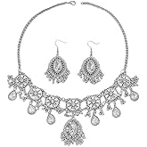 Bohemian Dangling Tassel Jewellery Set Austrian Crystal Antique Silver Oxidized Ethnic Bridal Wedding Party Prom Wear Statement Necklace Dangle Earring Bollywood Choker Fashion Gift for Bride Women