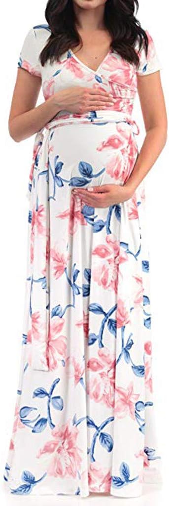 Pregnant Women Maxi Long Dresses Breastfeeding Nursing Floral Short Sleeve Waist Tied Loose Casual Maternity Clothes