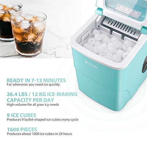 Portable Ice Maker, iSiLER Counter Top Ice Maker Machine Makes 26.4 lbs of Ice per 24 hours, 9 Ice Cubes ready in 7 Minutes, X L Ice Cubes Size Electric Ice Maker with Ice Scoop and 1.5 lb Ice Storage