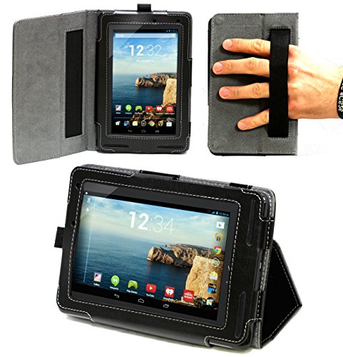 MiTab Black Verizon Ellipsis 7 MV7A Tablet Faux Leather Folio Case Cover With Stand / Handstrap & Stylus Holder