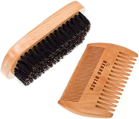Natural Boar Bristle Beard Brush and Handmade Beard Comb Kit for Men Beard and Mustache by The Beard Black