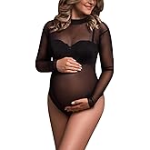 JustVH Maternity Bodysuit for Photoshoot Long Sleeve Sheer Mesh Pregnancy Bodysuit Maternity Photography Outfits