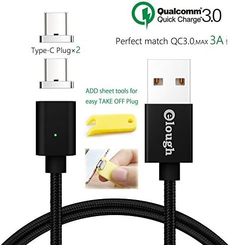 lough [ Quick Chrage 3.0 ] MAX 3A ! Type-C Magnet data Fast Charging Cable 3.3ft Magnetic Micro-usb-C for Android phone 2 Tips Can used in Nintendo Switch (QC3.0-Type-C×2 Straight 1M Black)