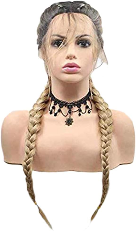 Golden White Blonde Braided Wigs for Women Double Braids Long Synthetic Lace Front Wig with Baby Hair Dark Roots Cheap Glueless Heat Resistant Fiber Hair Wig for Party Cosplay Wig 22inch - Image 3