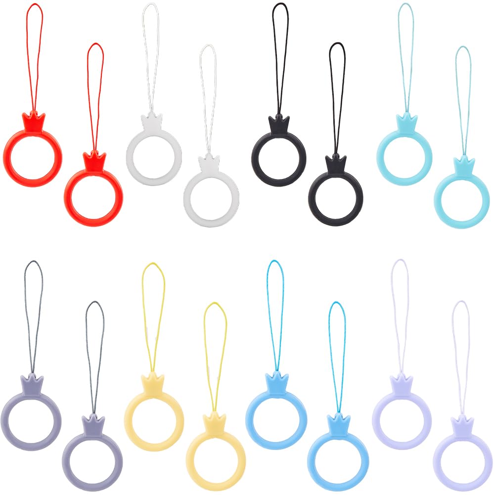 GORGECRAFT 16Pcs 8 Colors Cell Phone Lanyard Finger Ring Silicone Crown Mobile Phone Charm Hanging Straps Grip Holders for Smartphone Keycord Card USB Flash Finger Rings Keychain Part Accessories
