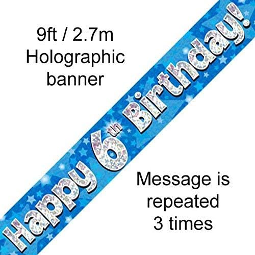 9ft Banner Happy 6th Birthday Blue holographic, 9 ft