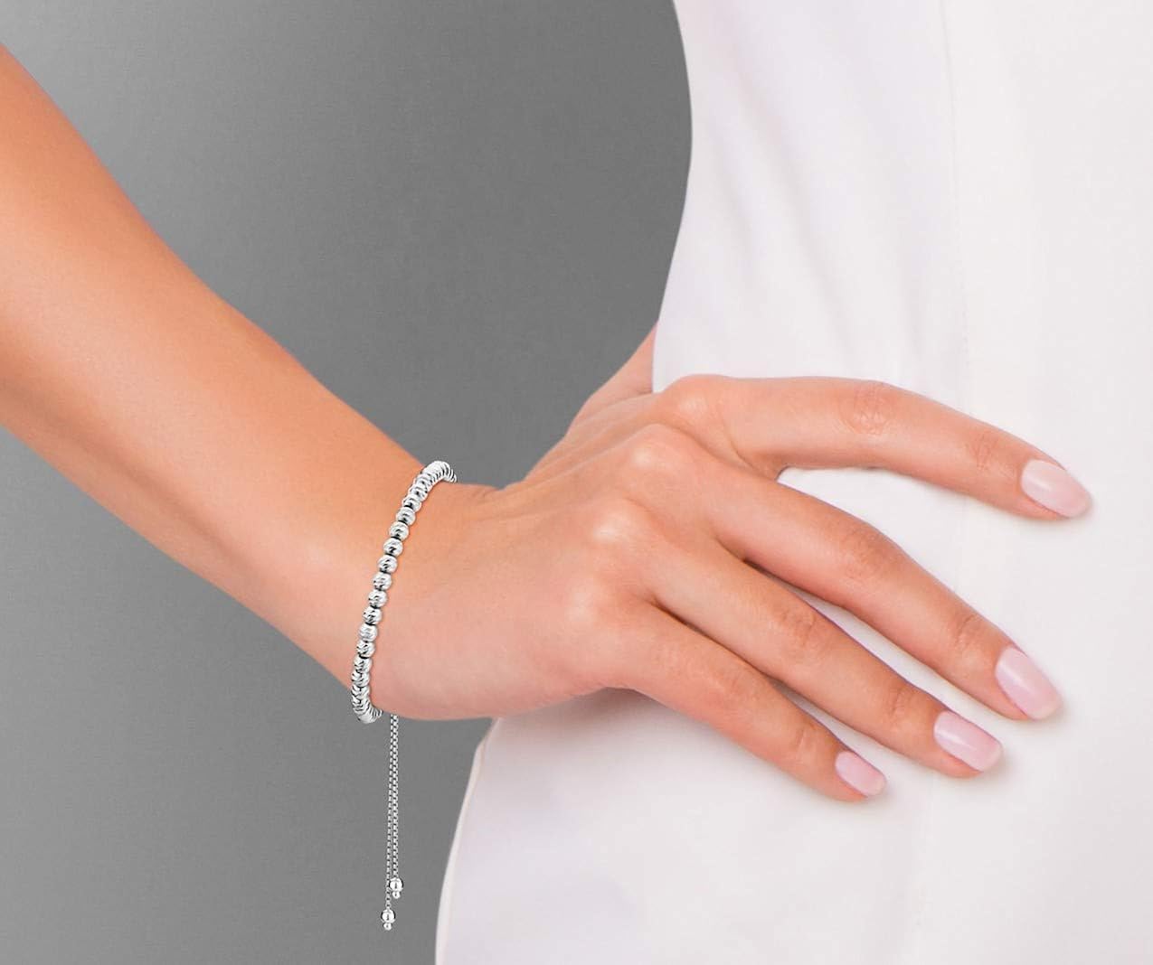 Miabella 925 Sterling Silver Diamond-Cut Adjustable Bolo 4mm Bead Bracelet for Women, Handmade Italian Beaded Ball Chain Bracelet, Choice White or Yellow (Sterling Silver): Jewelry