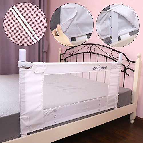 KOOLDOO 43" Vertical Lift Toddlers Safety Bed Rail Children Bed Guard with NBR Foam Include 1Pc Seat Belt (White)