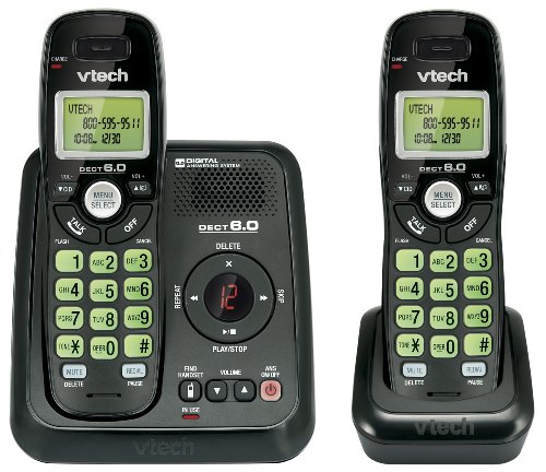 Vtech Dect 6.0 2-Handset Cordless Phone System with Digital Answering Machine and Green Backlit Keypad and Display (CS6124-21), Black