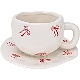 Koythin Ceramic Coffee Mug with Saucer Set, Cute Creative Bow Cup Unique Irregular Design for Office and Home, 10 oz/300 ml for Latte Tea Milk
