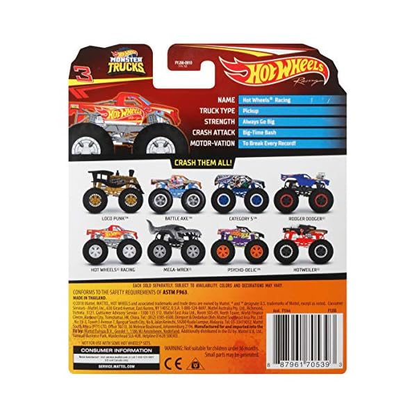 Hot Wheels Monster Trucks, abgefahrene Die-Cast-Fahrzeugen im Maßstab 1:64, mit riesigen Rädern und Bonus-Accessoire, Sammelspaß für ultimative Crashs, Design kann variieren, FYJ44 – Bild 7