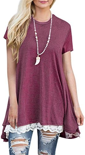 FERYSHE Womens Lace Short Sleeve A-Line Tunics Blouse Shirt Tops