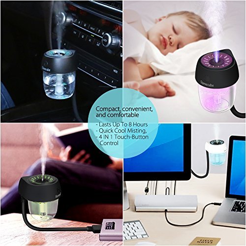 USB Car Diffuser, Homecube Ultrasonic Cool Mist Humidifier Car Air Freshener with 360°Rotation Micro Cable and 7 Color LED Lights for Office Home Vehicle Travel (black)