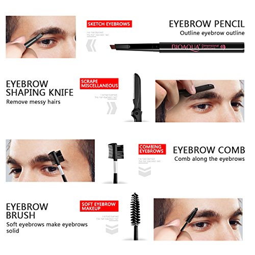 SENXILLER Eyebrow Kit Razor Pencil Brush Stencil Scissors Tweezers Grooming Kit with Mirror for Men and Women (Dark Brown Eyebrow Pencil) - Thumbnail 4