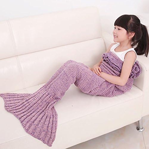 Handmade Mermaid Tail Blanket Crochet, iBaby888 All Seasons Warm Knitted Bed Blanket Sofa Quilt Living Room Sleeping Bag for Kids, Classic Pattern with Lace, 55.1" x 27.6" (140 x 70cm, Light Purple)