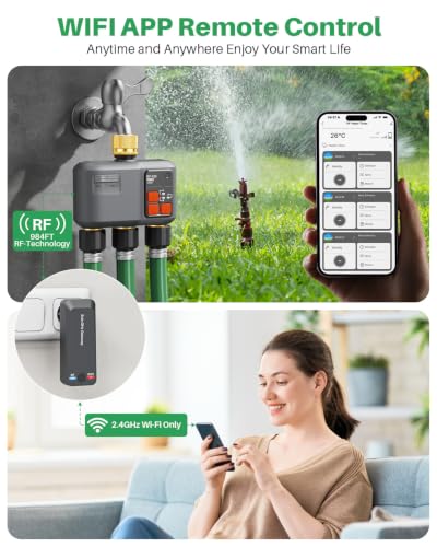 Wi-Fi Watering Computer, 3 Output, Brass Inlet and Output, RF Technology 300 m, Watering Clock for Garden Watering Watering Compatible with Alexa & Smart Life App, System