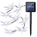 Qedertek Dragonfly Solar String Lights, 20ft 30 LED Waterproof Fairy Decoration Lighting for Indoor/Outdoor Home, Patio, Lawn, Garden, Party, Wedding, Seasonal Holiday, and Christmas (White)
