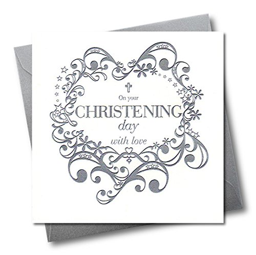 Claire Giles Greeting Cards, Baby Christening Card, Silver Scrolls, Baptism Greeting Card, Embossed and Foiled text