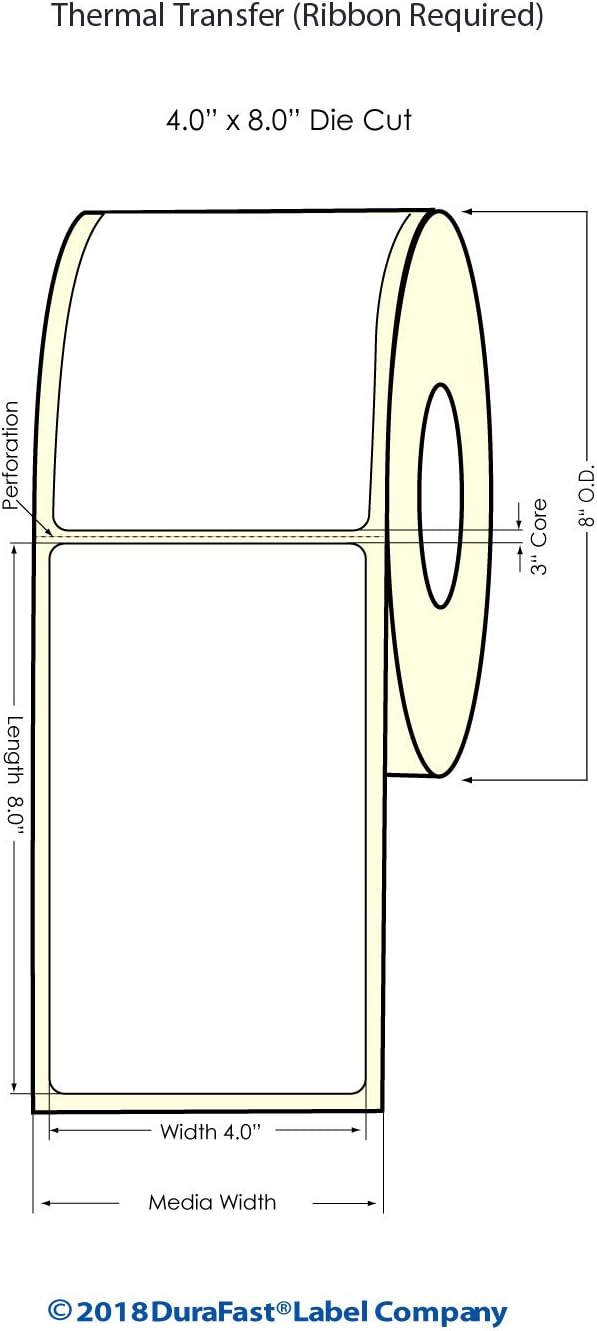 Thermal Transfer Label Paper 4" x 8", 3 Inch Core, 750 Labels Total