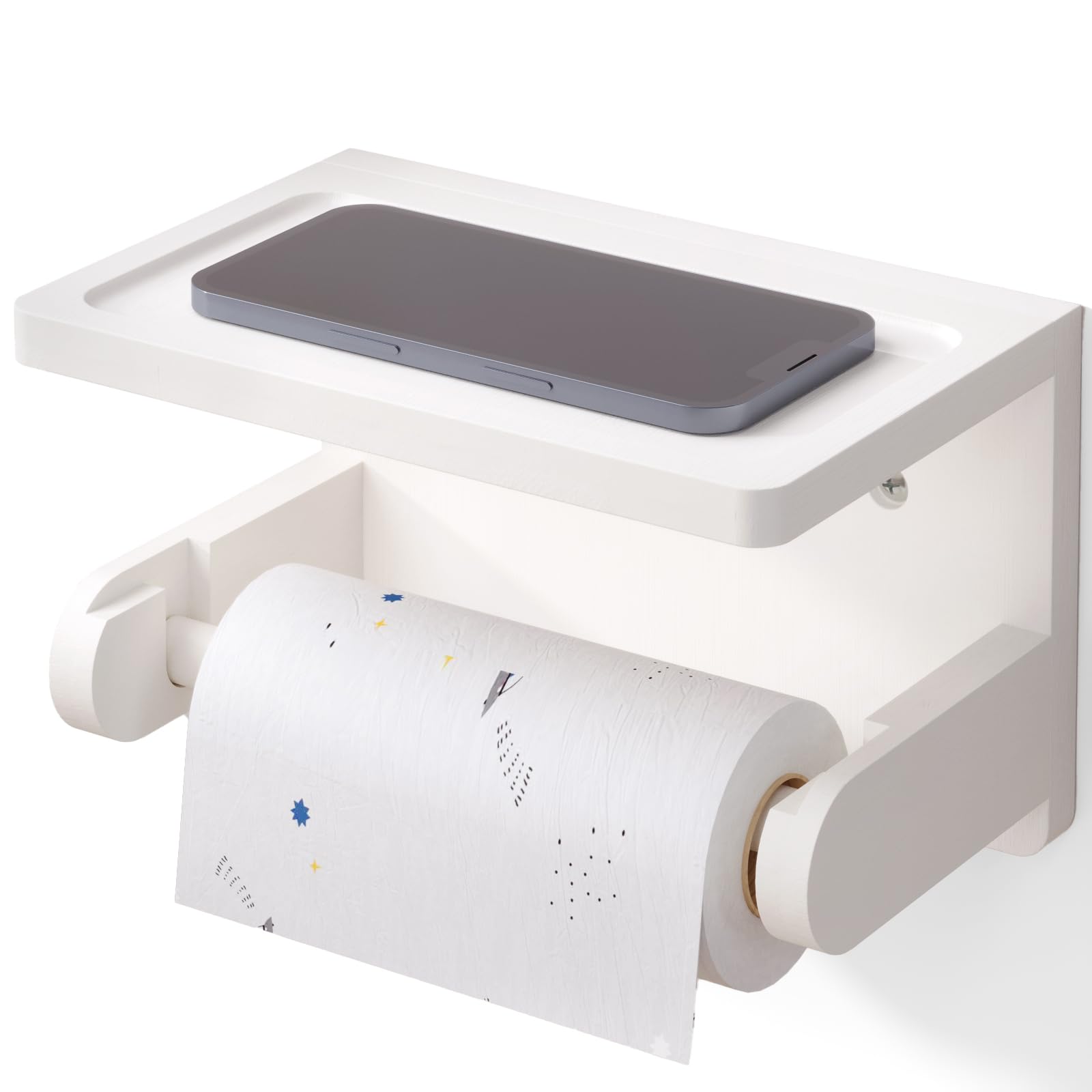 Photo 1 of VERTORGAN Toilet Paper Holder with Phone Shelf,Bamboo Wall Mounted Tissue Roll Holder for Bathroom,Adhesive or Screw (White)
